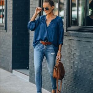 VICI Flawless Brand Button Down Peasant Navy Shirt Size Small